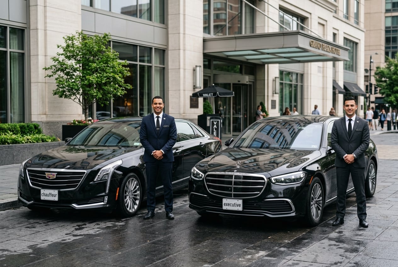 Two well-dressed chauffeurs stand beside a Cadillac and a Mercedes on a city street in front of a hotel entrance.